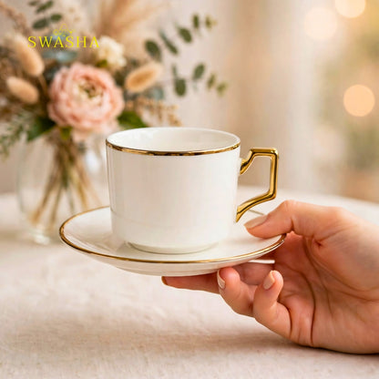 Swasha royal gold rim cup saucer set of 6 white ceramic with square gold handle and gold rim saucer luxury tea set