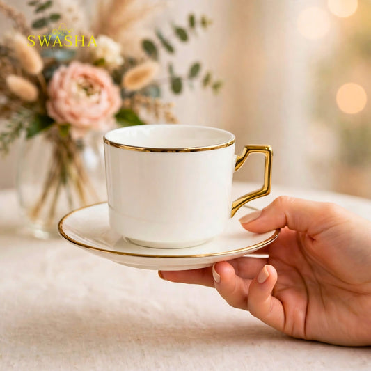 Swasha royal gold rim cup saucer set of 6 white ceramic with square gold handle and gold rim saucer luxury tea set