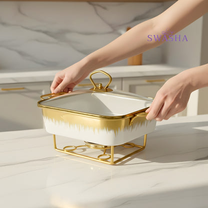 Swasha Porcelain Food Warmer , Chafing Dish – White (Square)