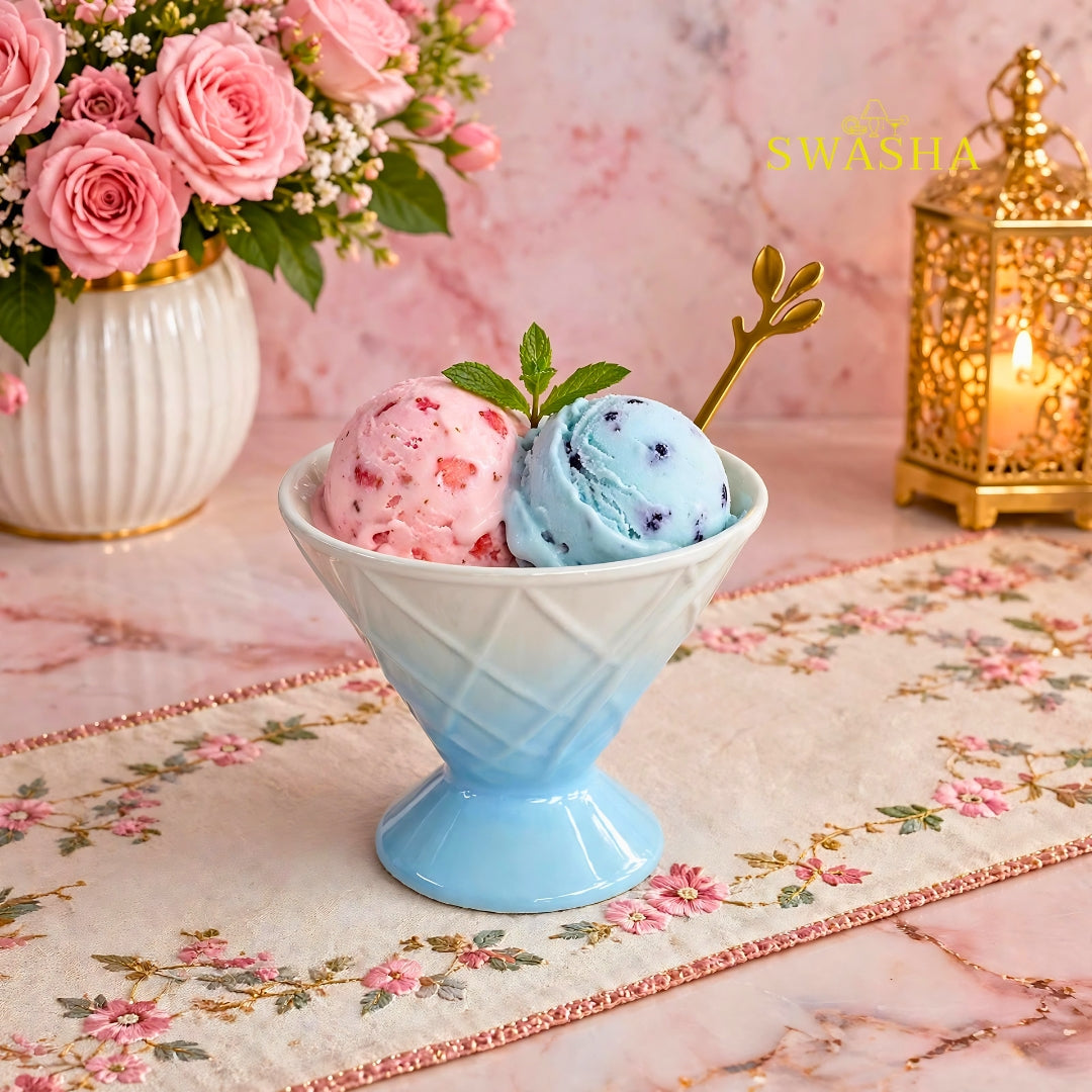 Swasha sky blue ombre diamond ice cream set 6 footed bowls blue white pink tray gold leaf spoons