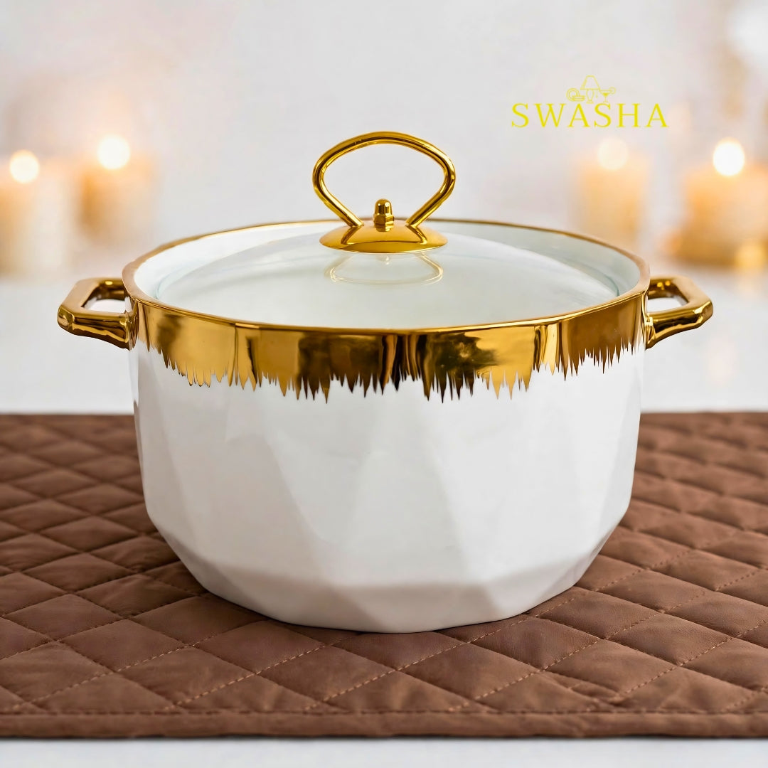 Swasha 14 pcs luxury soup set with gold stand white ceramic bowls with gold rim soup pot donga with glass lid