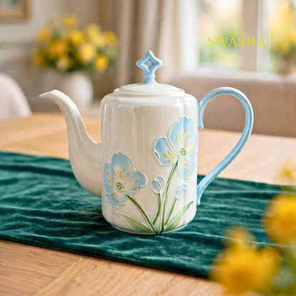 Swasha sky blue poppy 8 pcs revolving tea set 900ml kettle 150ml cups 3d blue floral embossed light blue handle revolving tray with red gift box