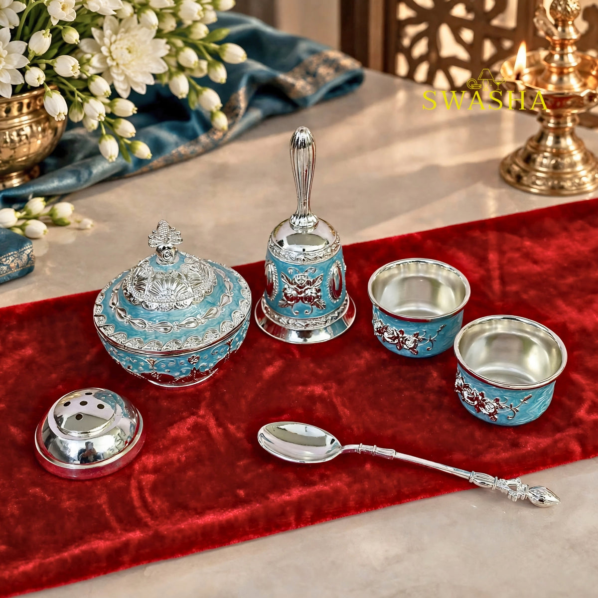 SWASHA Blue German Silver Pooja Thali Set - 7 Piece | For Diwali, Karwa Chauth, Housewarming & Wedding Gift