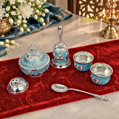 SWASHA Blue German Silver Pooja Thali Set - 7 Piece | For Diwali, Karwa Chauth, Housewarming & Wedding Gift