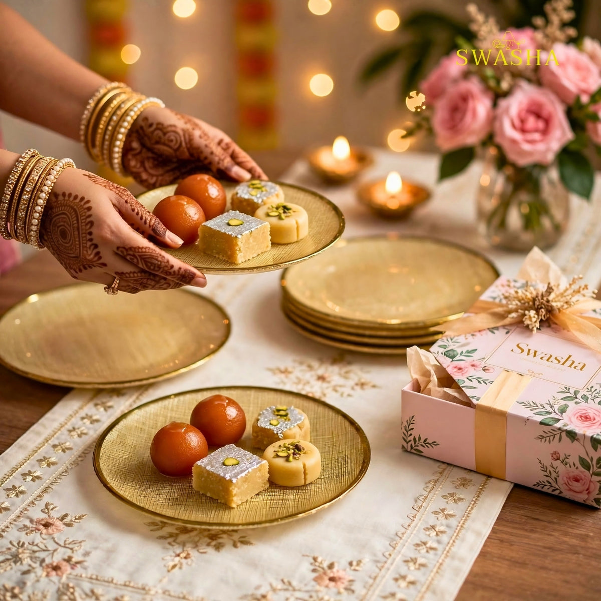 Swasha 7 Pcs Gold Turkish Glass Snack Set | 1 Full Plate + 6 Side Plates | Linen Gold Textured Gift Box
