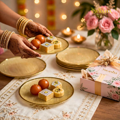 Swasha 7 Pcs Gold Turkish Glass Snack Set | 1 Full Plate + 6 Side Plates | Linen Gold Textured Gift Box