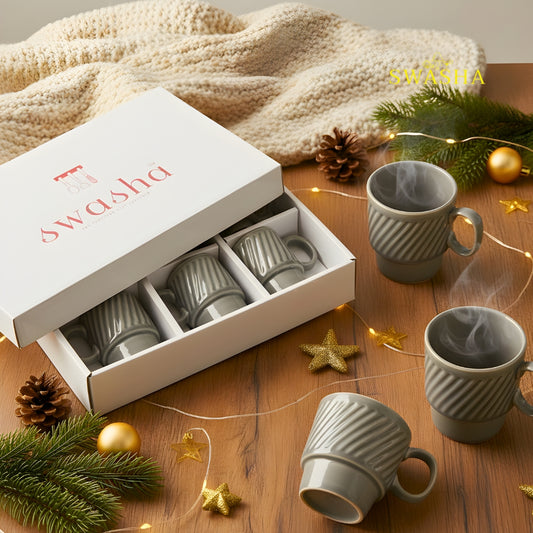 Premium Stoneware Stackable Cup Set of 6 | 270ml & 150ml | Swasha