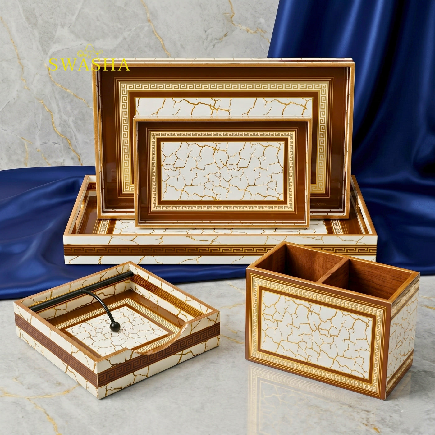 Swasha MDF Serving Tray Set of 3 with Tissue Holder and Cutlery Stand – 5-Piece Resin Finish Combo for Home and Kitchen