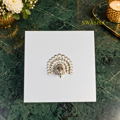 SWASHA White Peacock Dry Fruit Box - 4 Compartment Wooden Gift Box with Silver Peacock | For Diwali, Wedding Return Gift, Sweets & Jewelry Storage