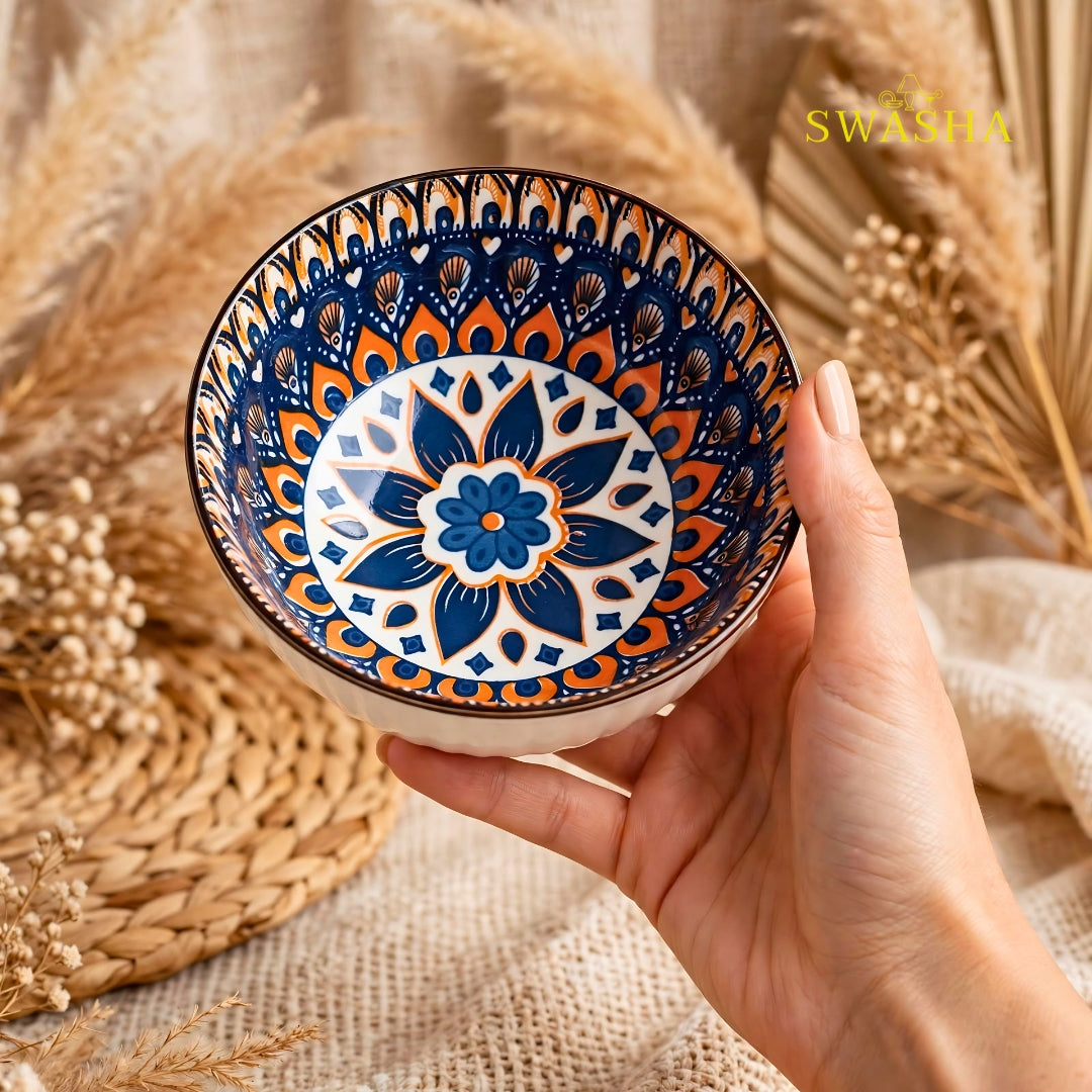 Swasha bohemia 12 pcs snack set 6 bowls 6 plates blue orange mandala earthenware with gift bag