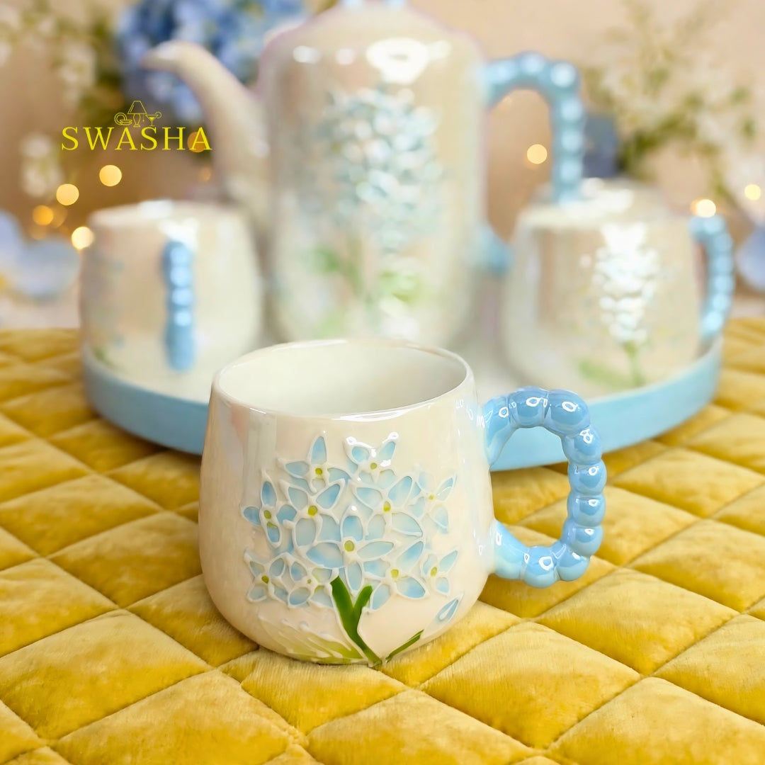 Swasha blue hydrangea 8 pcs revolving tea set pearl bubble handle 3d blue floral kettle 6 cups pastel blue tray