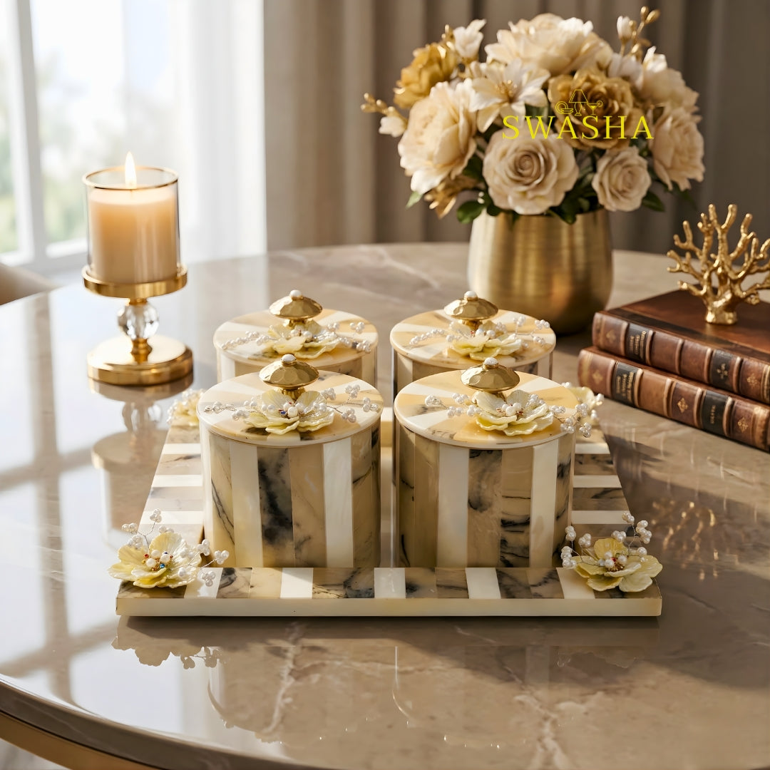 Swasha Airtight Dry Fruits Jar Set with Tray – Resin Finish Decorative Jars, Gift Set of 4