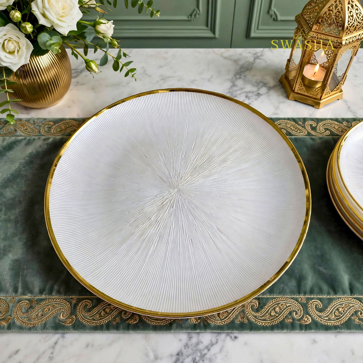 Swasha 28 Pcs Turkish Glass Dinner Set For 6 With Rice Plate | White & Gold Glass Dinner Set | Luxury Dinnerware