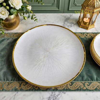 Swasha 28 Pcs Turkish Glass Dinner Set For 6 With Rice Plate | White & Gold Glass Dinner Set | Luxury Dinnerware