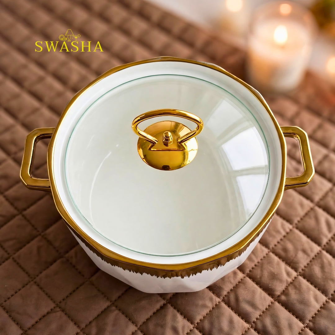 Swasha 14 pcs luxury soup set with gold stand white ceramic bowls with gold rim soup pot donga with glass lid