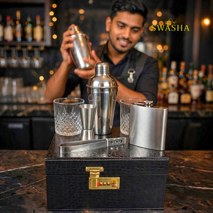 swasha black croco portable bar box open with liquor bottle 2 whiskey glasses hip flask jigger and tong