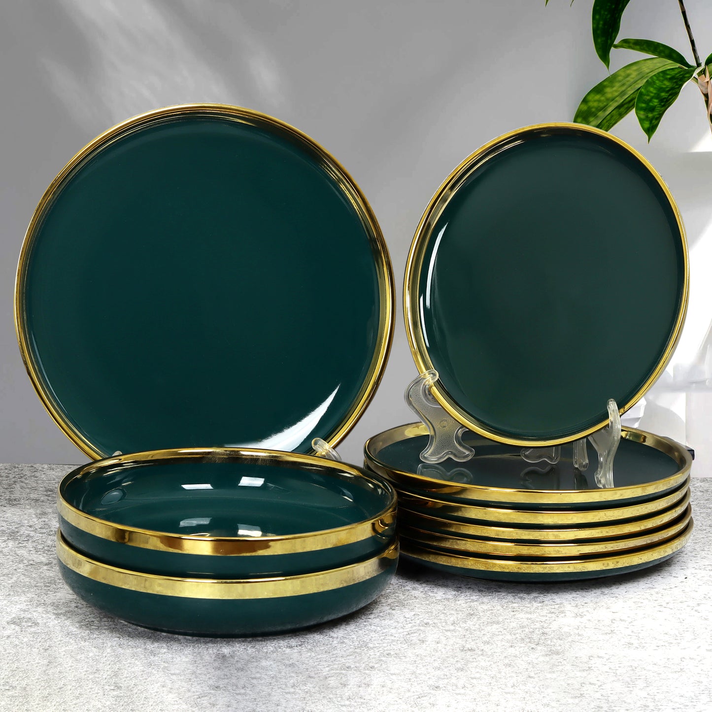 Swasha Porcelain Snacks Set of 9 Pieces | Tableware (Green)