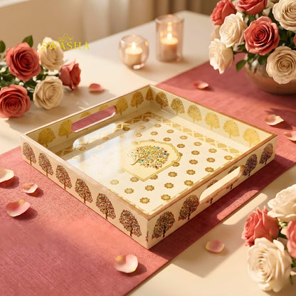 swasha square resin finish MDF tray on coffee table with candles