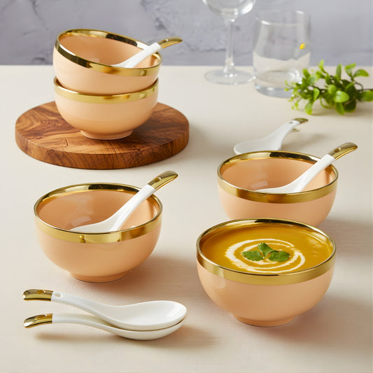 Swasha White Soup Bowl Set with Spoon | Elegant Gold Line | Set of 6