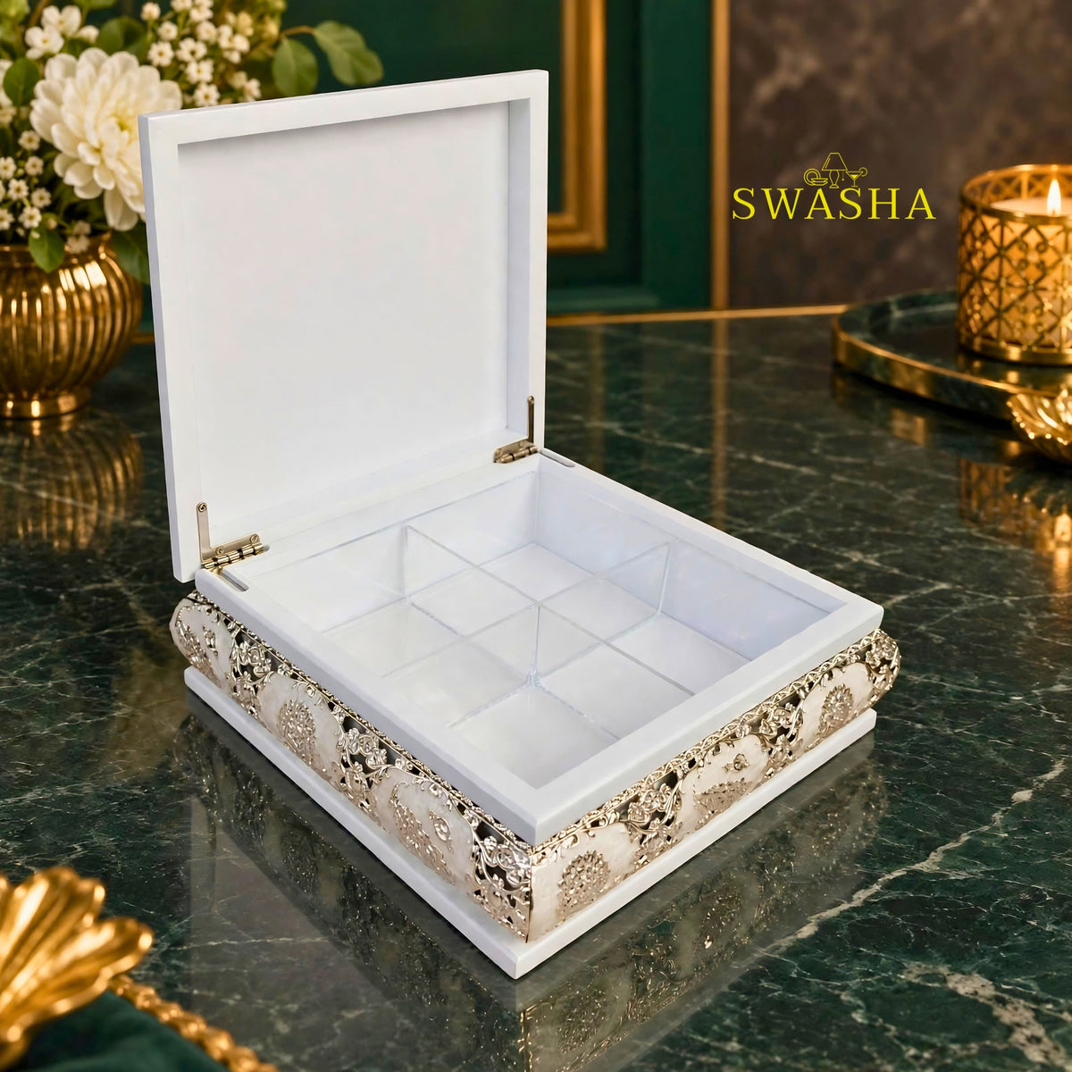 SWASHA White Peacock Dry Fruit Box - 4 Compartment Wooden Gift Box with Silver Peacock | For Diwali, Wedding Return Gift, Sweets & Jewelry Storage