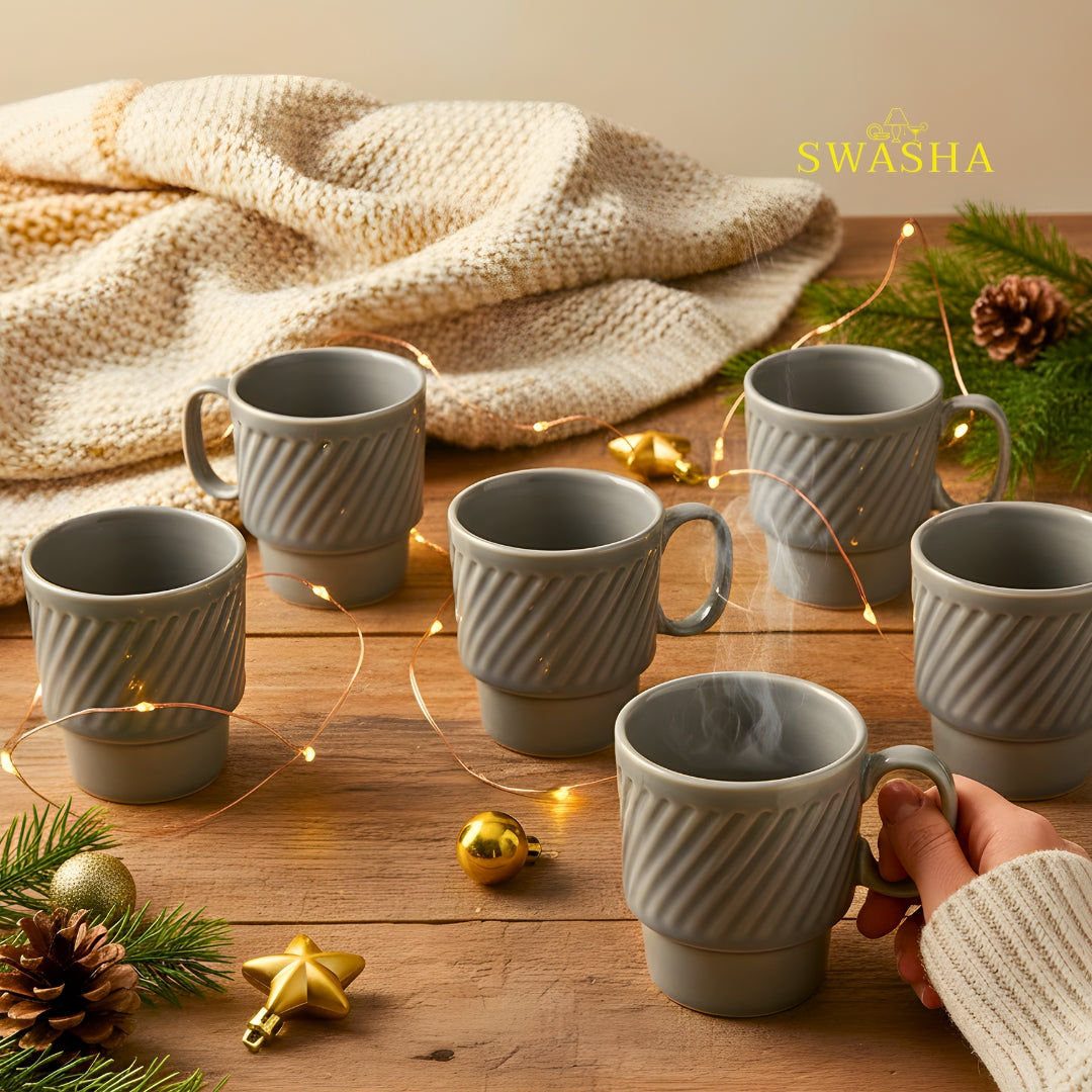 Premium Stoneware Stackable Cup Set of 6 | 270ml & 150ml | Swasha