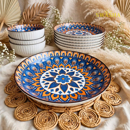 Swasha bohemia 12 pcs snack set 6 bowls 6 plates blue orange mandala earthenware with gift bag