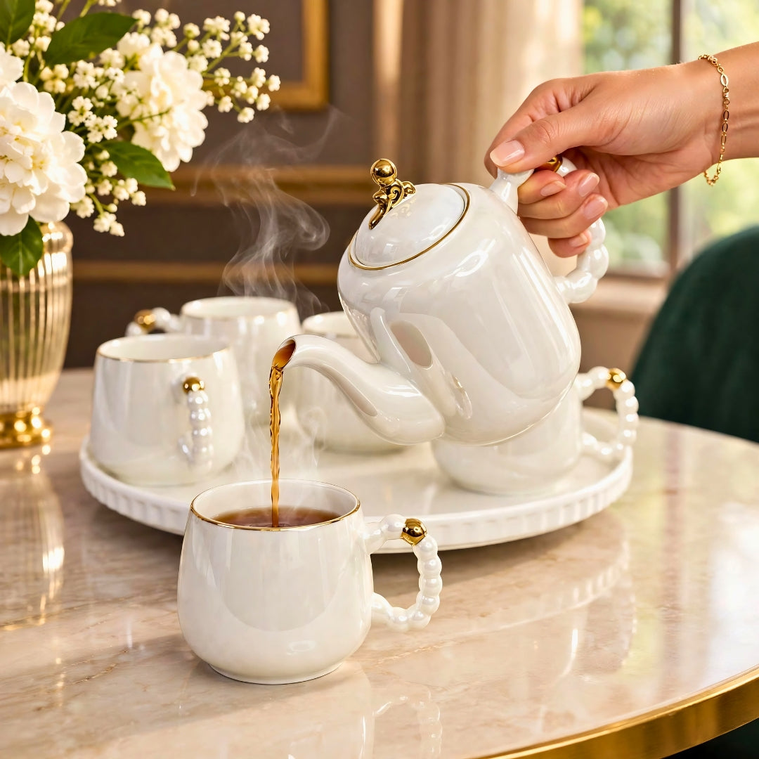 Swasha pearl 8 pcs revolving tea set white ceramic kettle with 6 cups pearl handle gold rim and revolving tray with purple gift bag