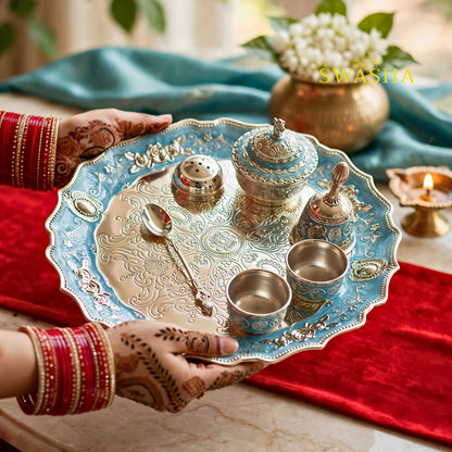 SWASHA Blue German Silver Pooja Thali Set - 7 Piece | For Diwali, Karwa Chauth, Housewarming & Wedding Gift