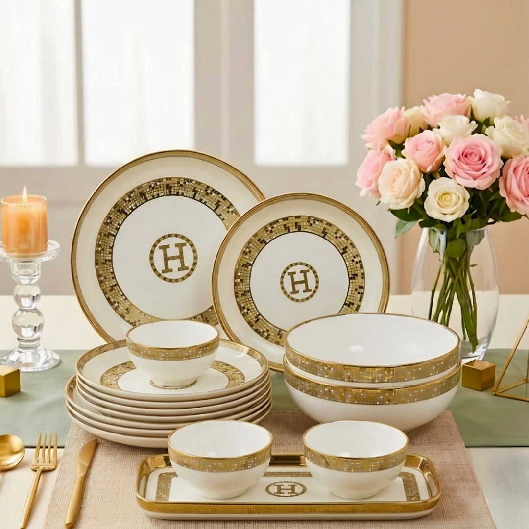 SWASHA Porcelain Dinner Set of 28 Pieces Elegant Tableware Dinnerware for Personal Use and Gifting (White & Golden)