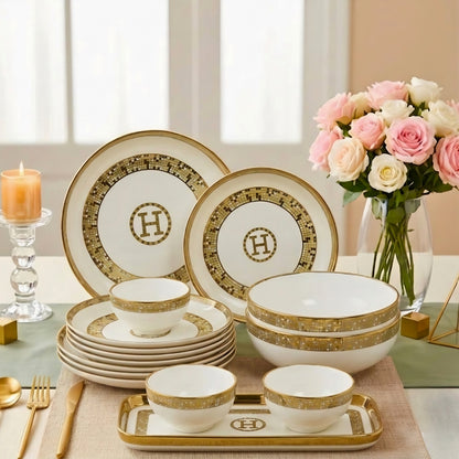 SWASHA Porcelain Dinner Set of 28 Pieces Elegant Tableware Dinnerware for Personal Use and Gifting (White & Golden)