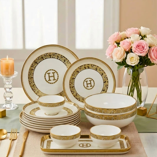 SWASHA Porcelain Dinner Set of 28 Pieces Elegant Tableware Dinnerware for Personal Use and Gifting (White & Golden)