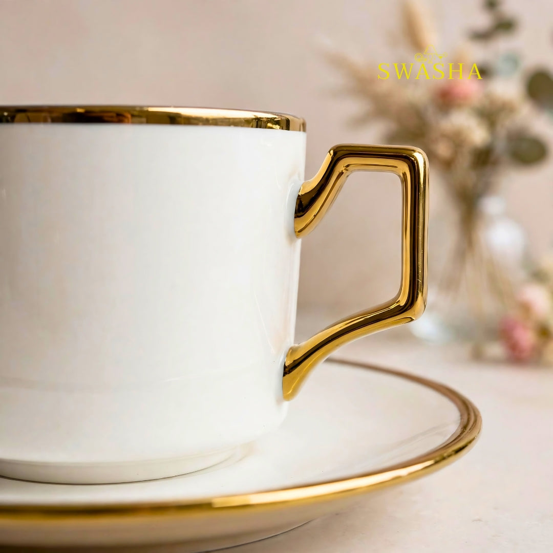 Swasha royal gold rim cup saucer set of 6 white ceramic with square gold handle and gold rim saucer luxury tea set