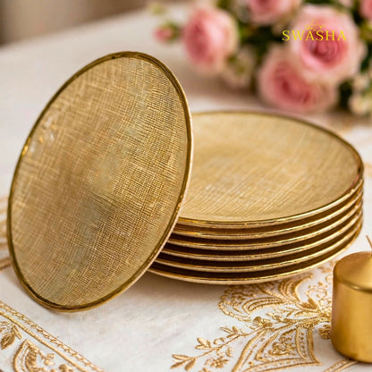 Swasha 7 Pcs Gold Turkish Glass Snack Set | 1 Full Plate + 6 Side Plates | Linen Gold Textured Gift Box