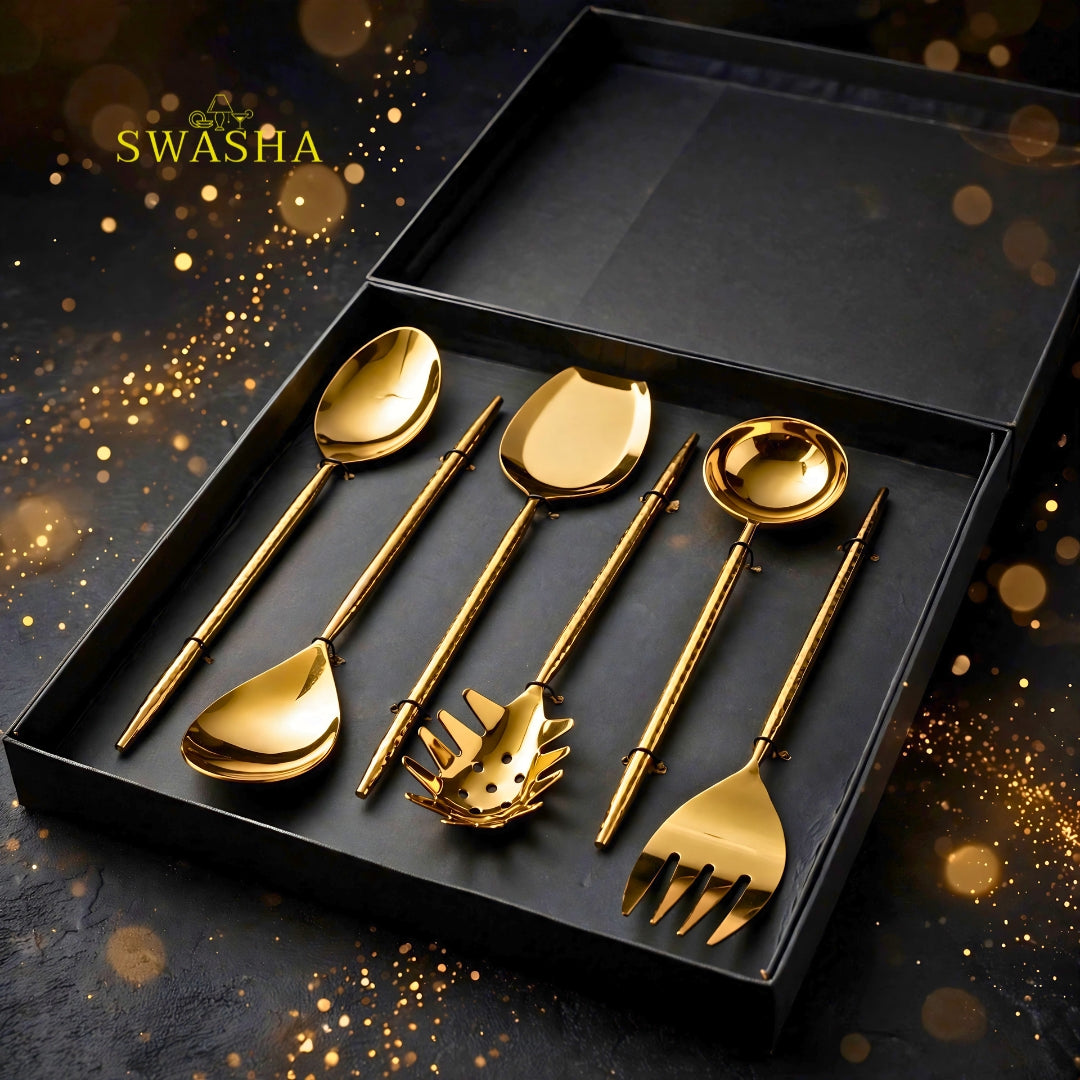  hammered gold serving cutlery set for dinner party
