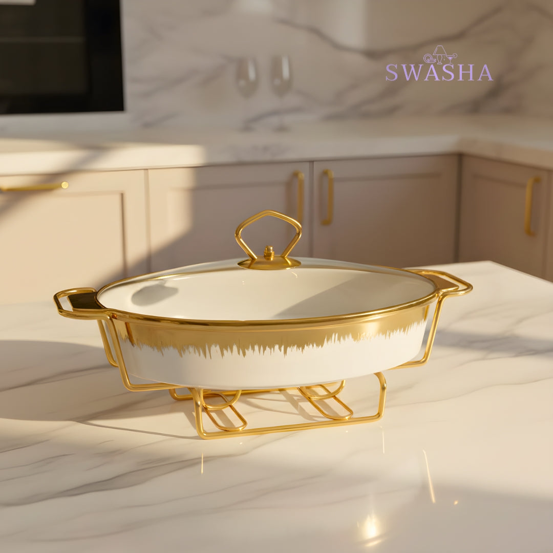 Swasha Porcelain Food Warmer Hot Pot – White (Oval)