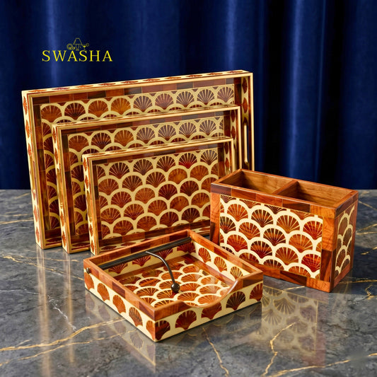 Swasha MDF Serving Tray Set of 3 with Tissue Holder and Cutlery Stand – 5-Piece Resin Finish Combo for Home and Kitchen