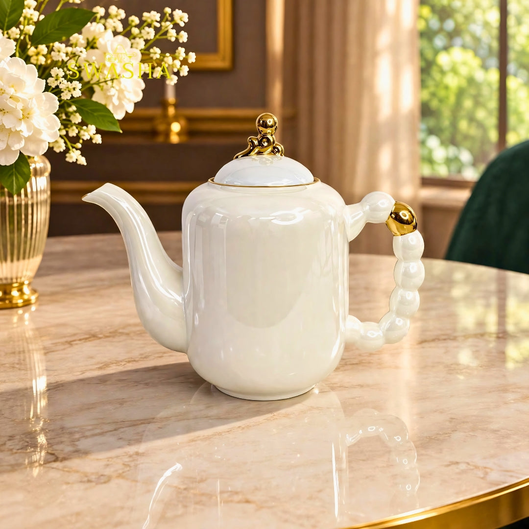 Swasha pearl 8 pcs revolving tea set white ceramic kettle with 6 cups pearl handle gold rim and revolving tray with purple gift bag