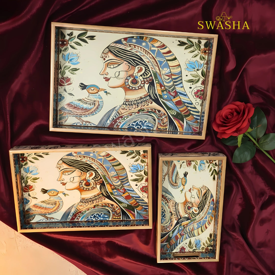 Swasha MDF Serving Tray Set – Decorative Wooden Trays (3 Sizes)
