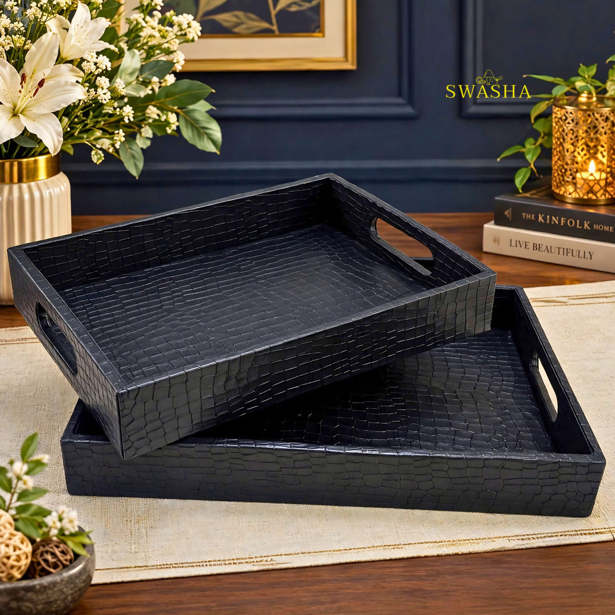 SWASHA midnight black faux leather serving tray set of 2 with croc texture on wooden table