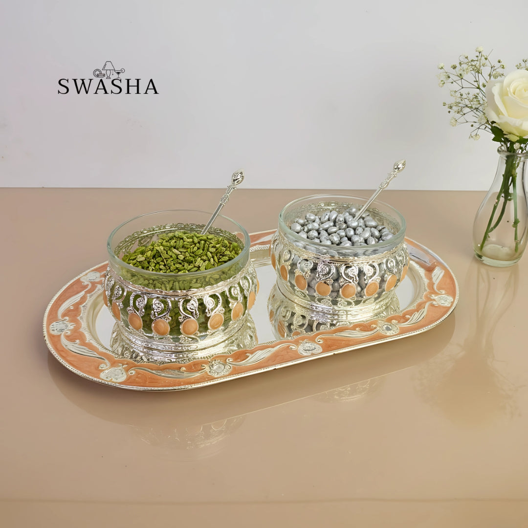Elegant Dry Fruit Serving Bowls with Tray | German Silver | Perfect Gift (Oringish Yellow)