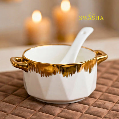 Swasha 14 pcs luxury soup set with gold stand white ceramic bowls with gold rim soup pot donga with glass lid