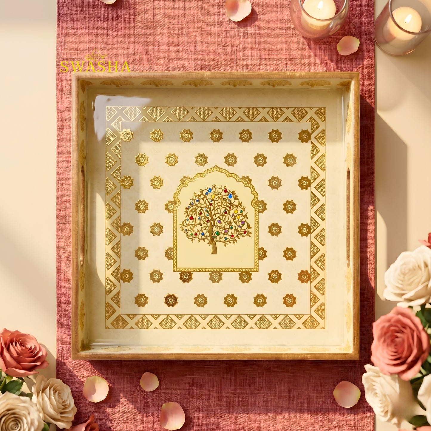 swasha square resin finish MDF tray on coffee table with candles