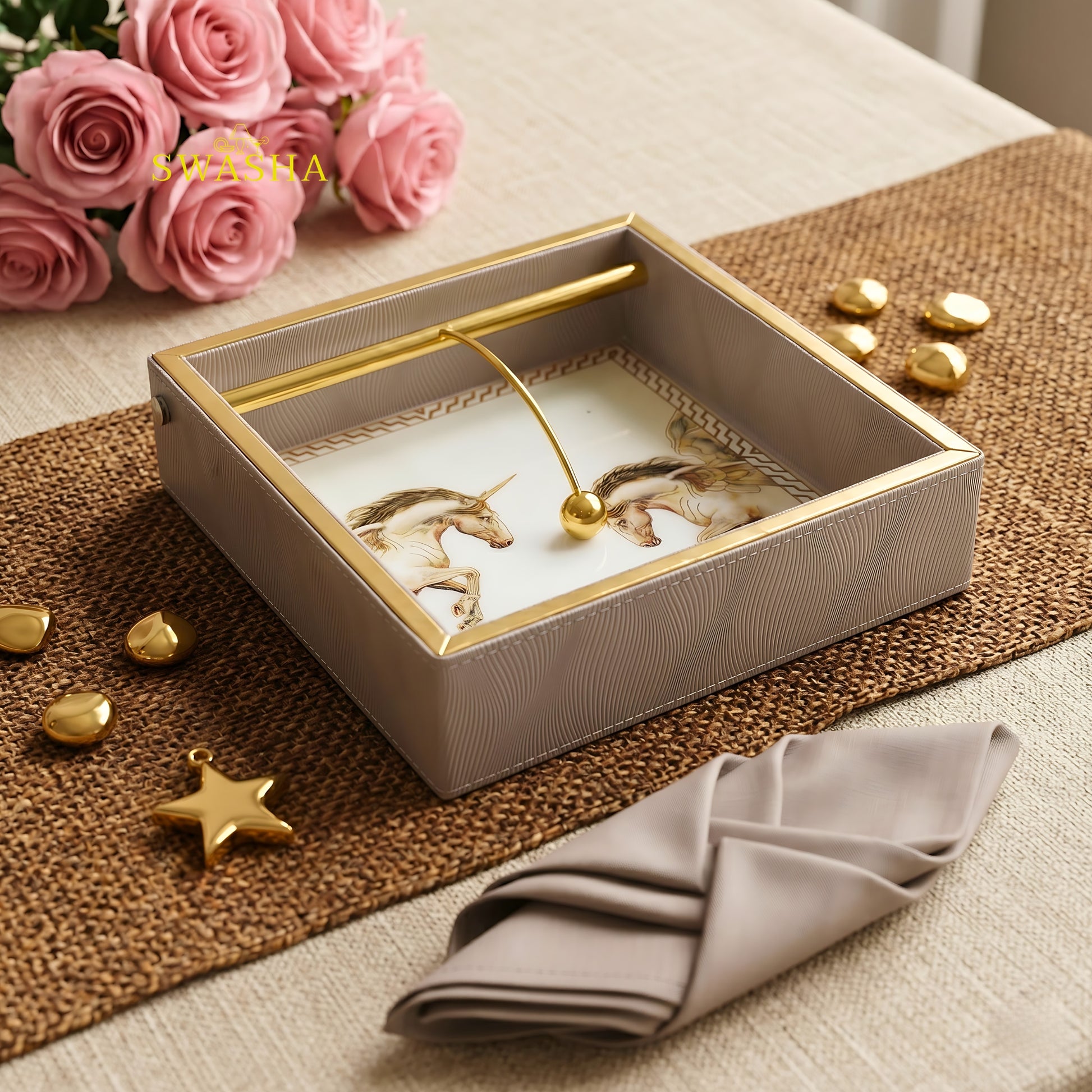 Swasha Leatherette Serving Tray Set of 4 with Cutlery Stand and Tissue Holder on Dining Table