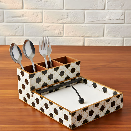 Swasha Glossy Resin Finish Wooden Tissue Cum Cutlery Organizer