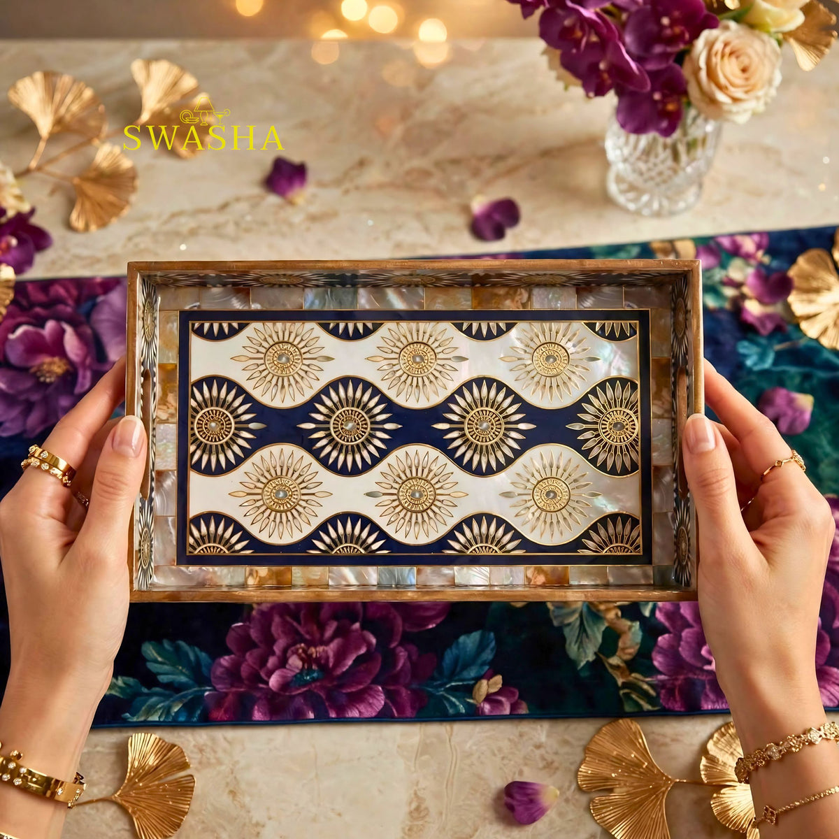 Swasha set of 3 MDF serving trays navy blue gold sunburst design mother of pearl finish rectangular wooden tray set