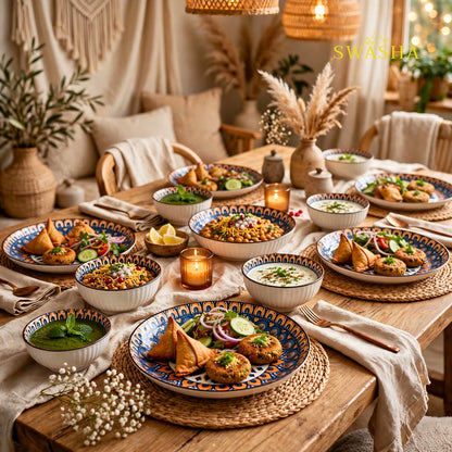 Swasha bohemia 12 pcs snack set 6 bowls 6 plates blue orange mandala earthenware with gift bag