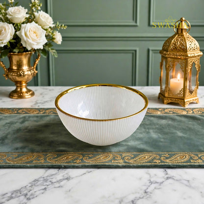 Swasha 28 Pcs Turkish Glass Dinner Set For 6 With Rice Plate | White & Gold Glass Dinner Set | Luxury Dinnerware