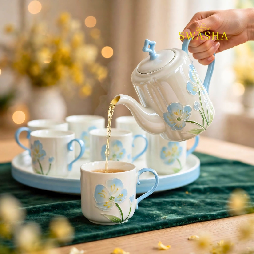 Swasha sky blue poppy 8 pcs revolving tea set 900ml kettle 150ml cups 3d blue floral embossed light blue handle revolving tray with red gift box