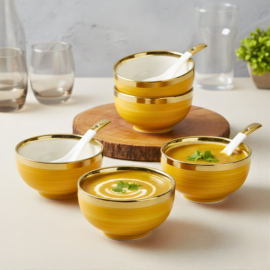 Swasha Soup Bowl & Spoon Set of 6 | Premium Porcelain with Gold Detailing