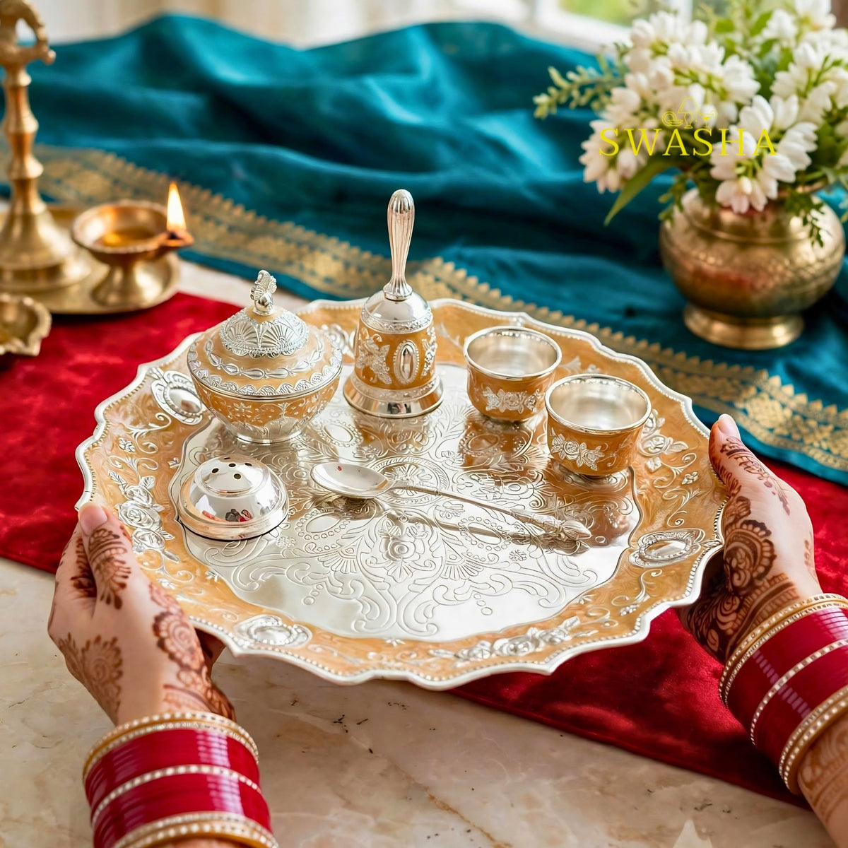 peach german silver pooja thali set, kesariya pooja thali set, light golden pooja thali set